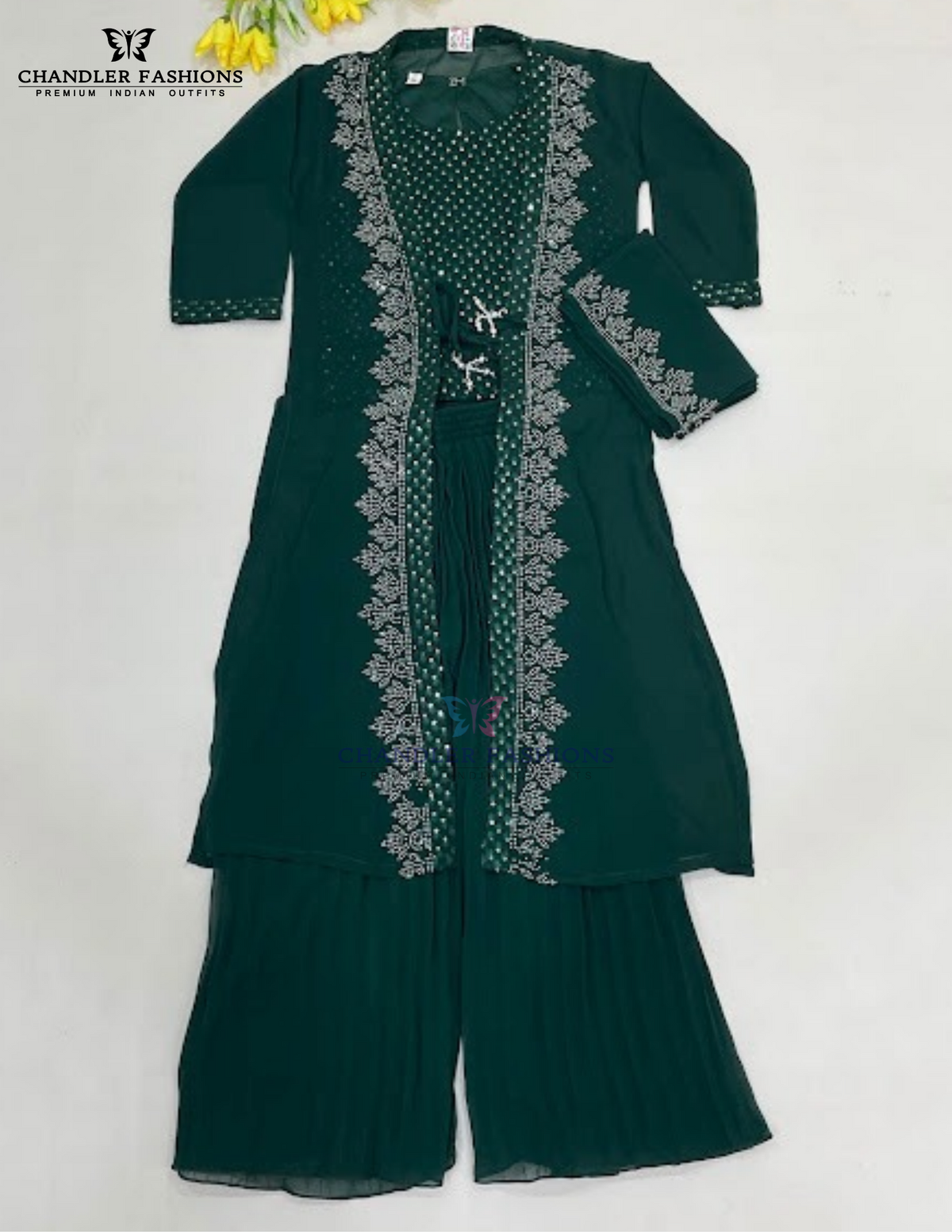 Beautiful Dark Green Color Georgette Palazzo Suits With Embroidery And Sequins Work For Kids Girls