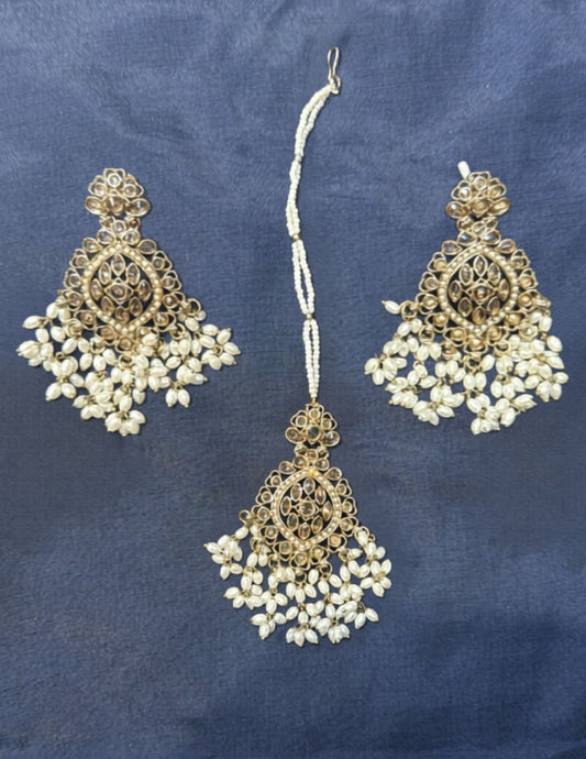 Elegant Gold Color Stones And Beads White Pearls Earrings With Maang Tikka