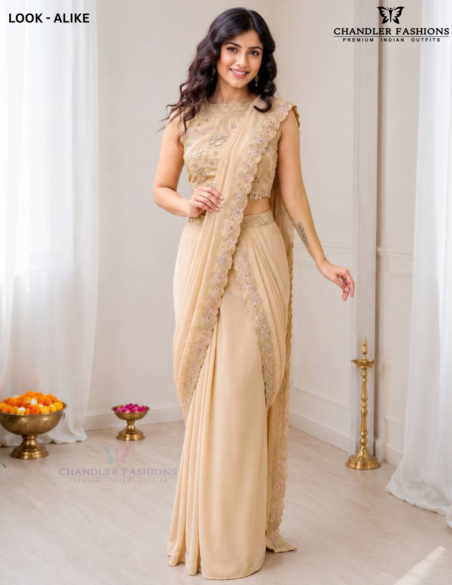 Pretty Cream Color Ready-To-Wear Geogatte Drape Saree Embroidery And Sequins Work For Women