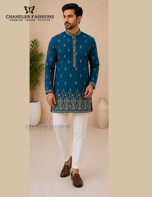 Beautiful Navy Blue Color Cotton Short Kurta For Men