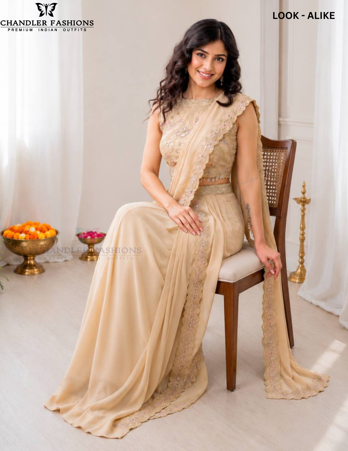 Cream Color Ready-To-Wear Drape Saree Embroidery And Sequins Work In Mesa