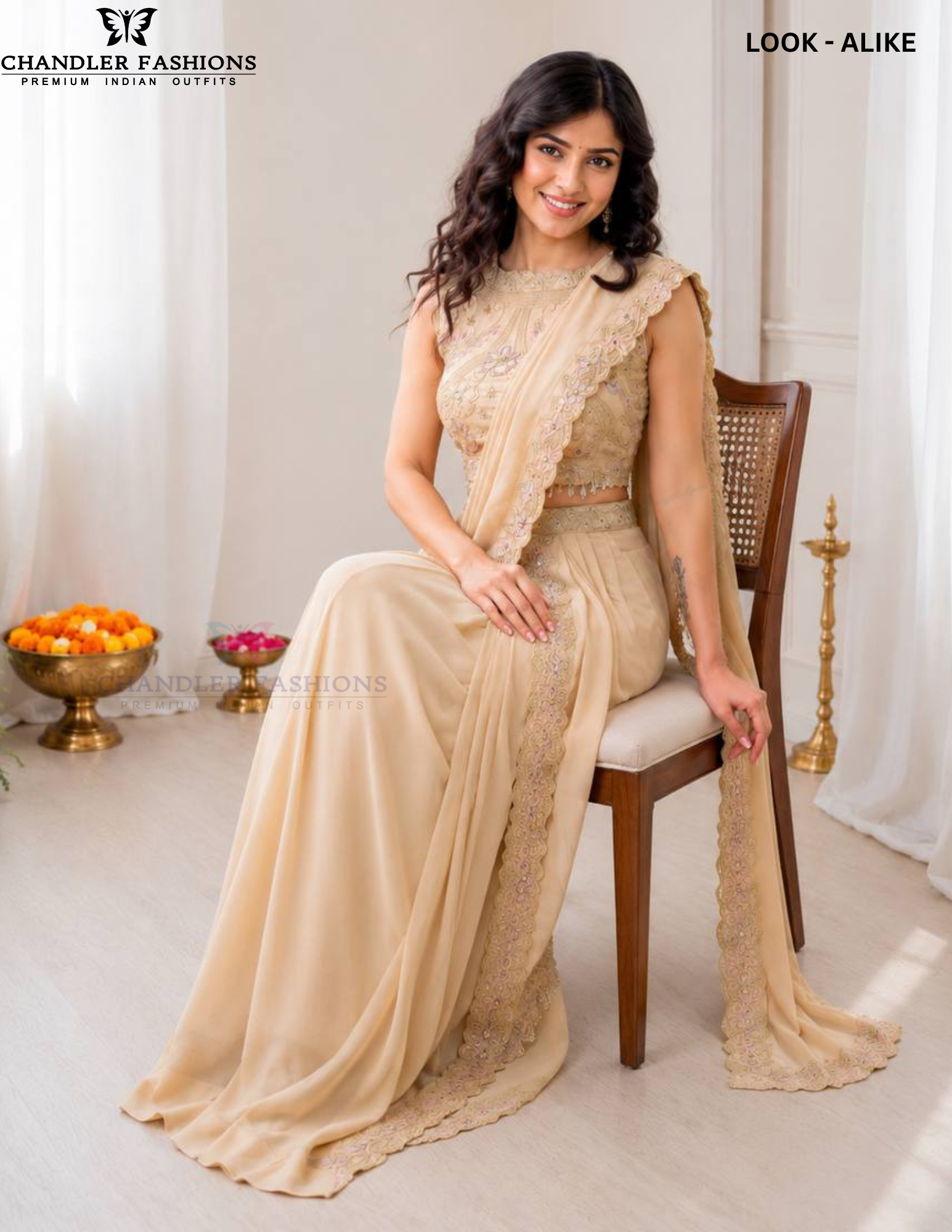 Cream Color Ready-To-Wear Drape Saree Embroidery And Sequins Work In Mesa