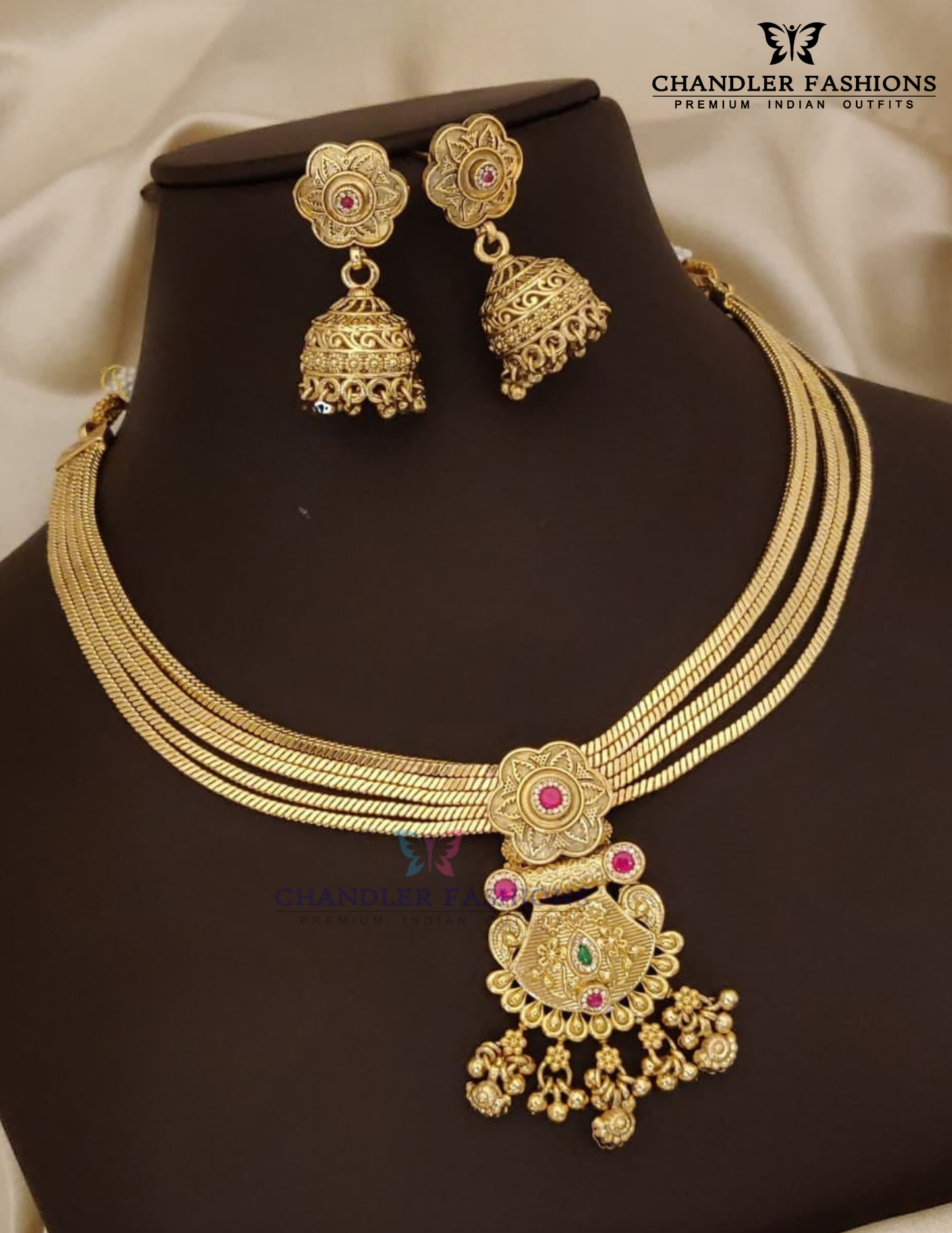Fantastic Gold Plated With Pink And Green Stone Necklace With Earrings Set