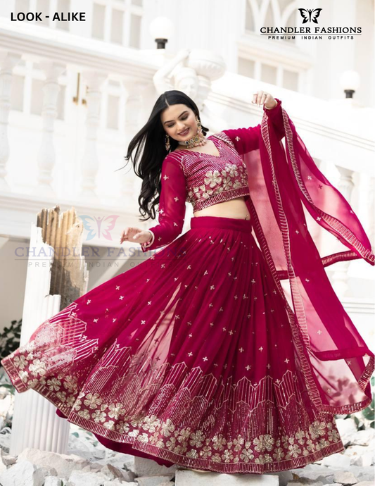 Magnificent Red Color Georgette With Sequins Embroidery Work Lehenga Choli For Women