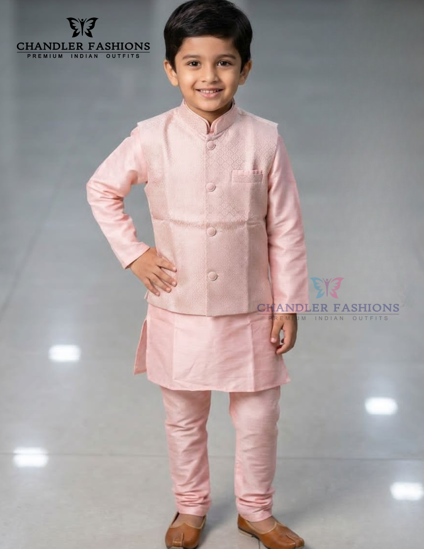 Pretty Peach Color Silk With Self Design Sherwani Suits With Jacket For Boys