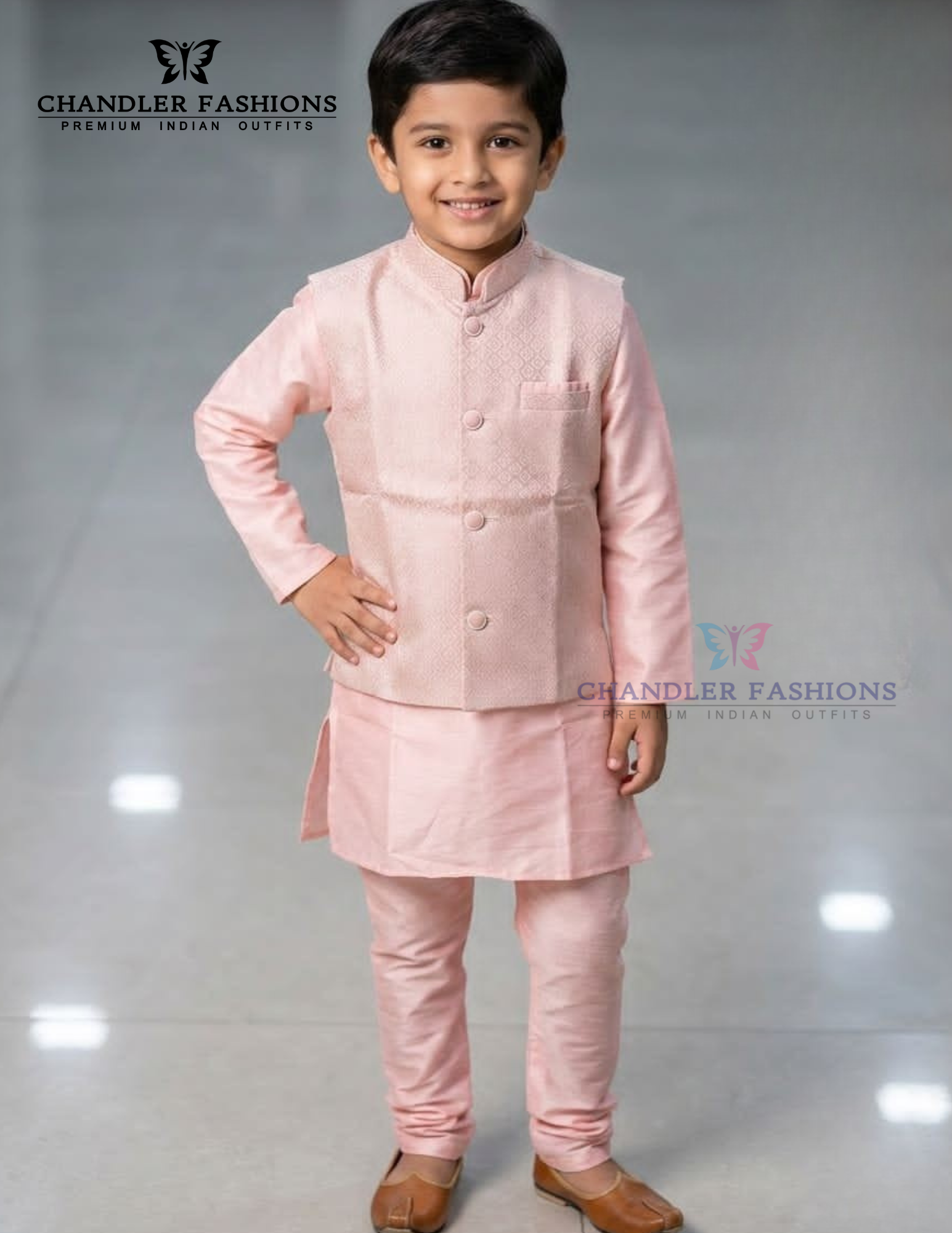 Pretty Peach Color Silk With Self Design Sherwani Suits With Jacket For Boys
