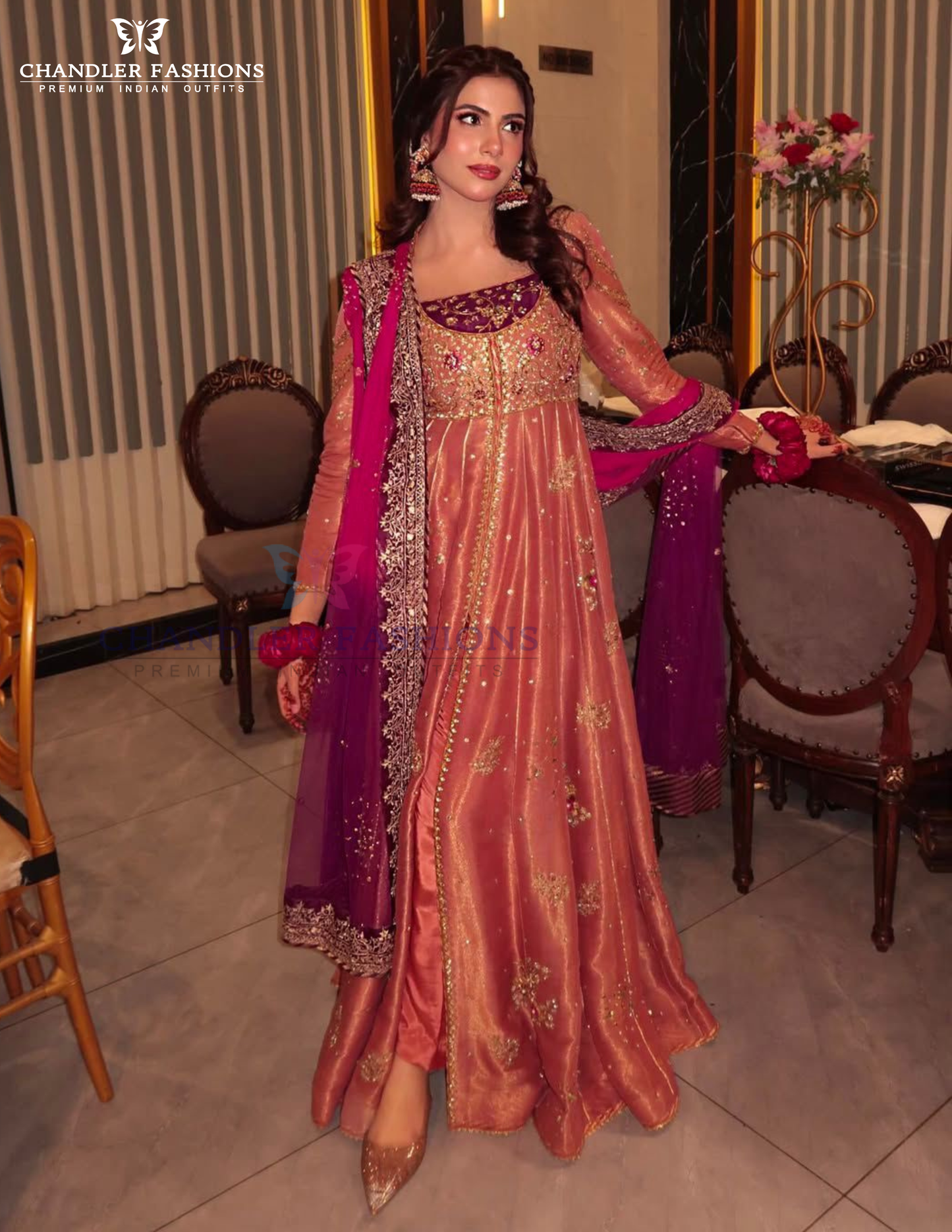 Stunning Pink Color Fendi Silk With Sequins Embroidery Work Anarkali Gown With Pant And Dupatta