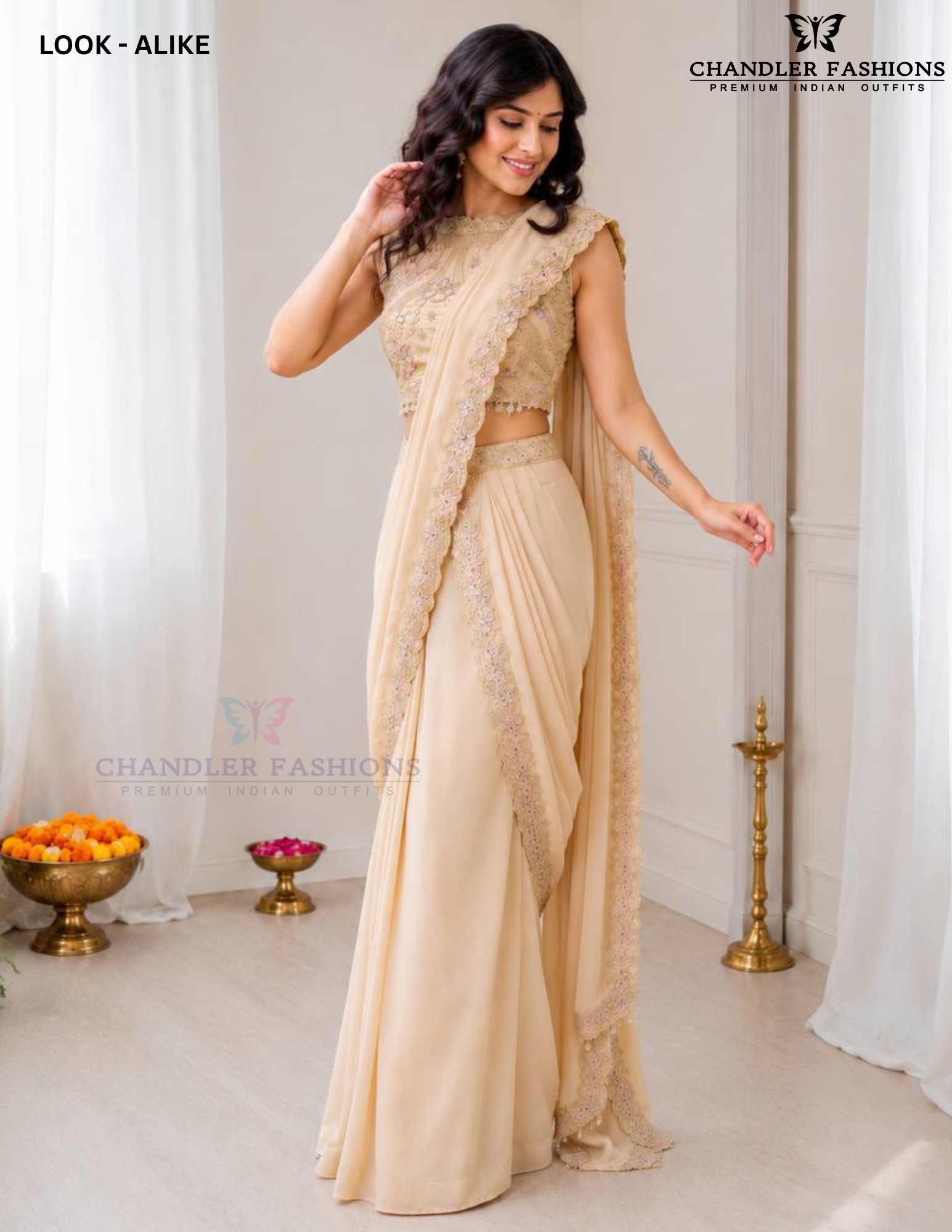Pretty Cream Color Ready-To-Wear Geogatte Drape Saree Embroidery And Sequins Work Near Me