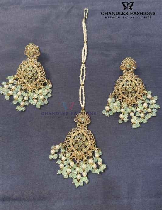 Pretty Gold Color Stones White And Green Pearls Earrings With Maang Tikka