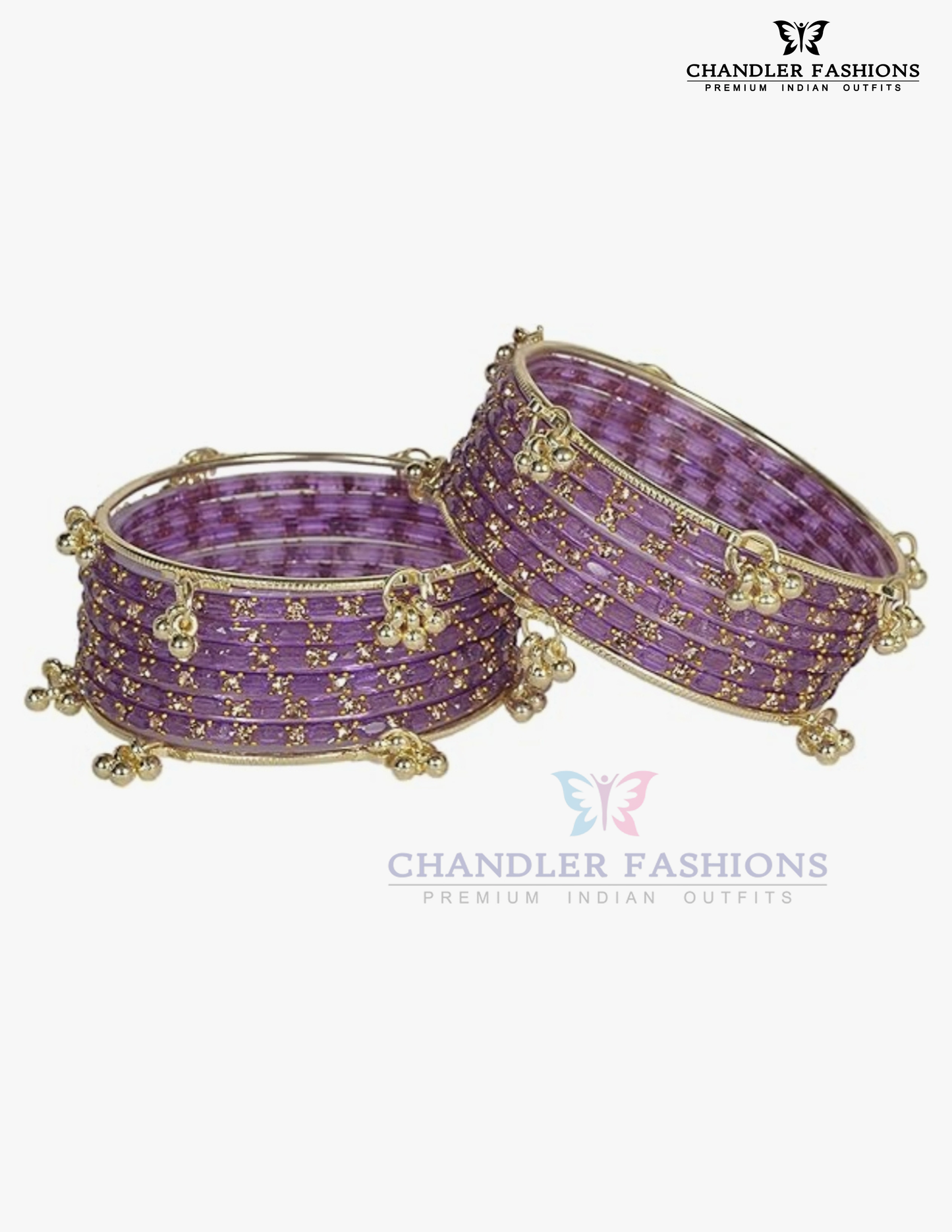Gorgeous Purple Color Raindrop Glass Bangles With Stone And Gold Finishing
