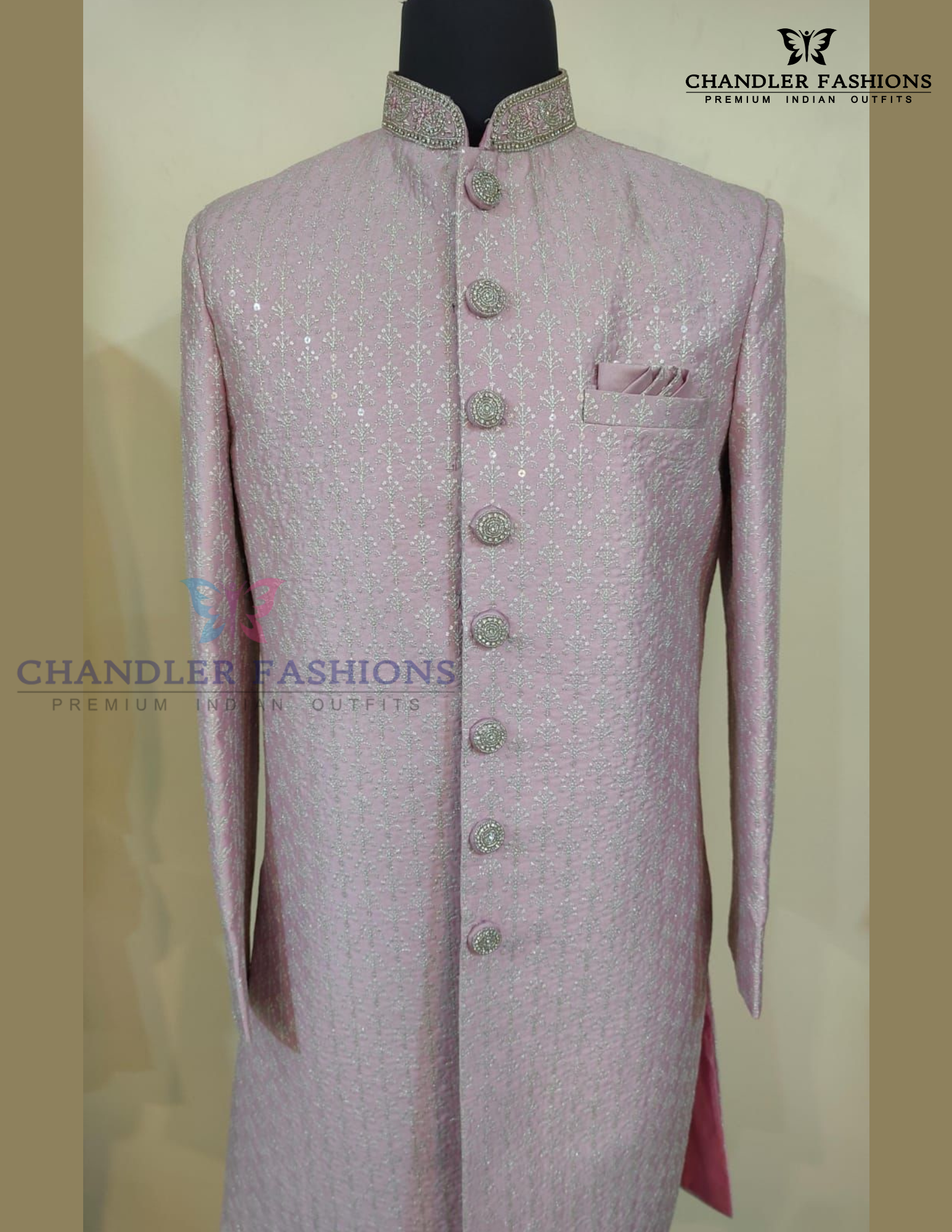 Attractive Baby Pink Color Raw Silk With Embroidery Work Sherwani Suit For Men - PREMIUM QUALITY