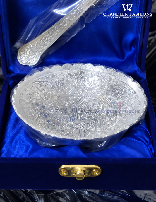 Royal Silver Embossed Serving Bowl Gift Set With Blue Velvet Box