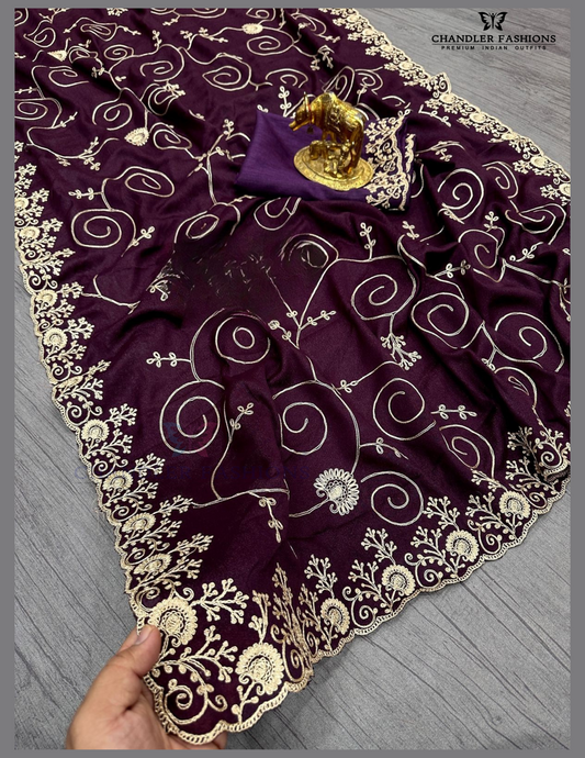 Attractive Wine Color Georgette With Embroidered Work Saree For Women 