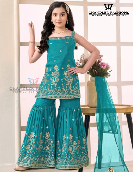 Amazing Teal Blue Georgette With Embroidery And Sequins Work Sharara Suit For Girls