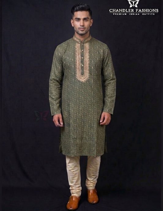 Elegant Mehendi Green Color Brocade With Embroidery Work Kurta Suits For Men