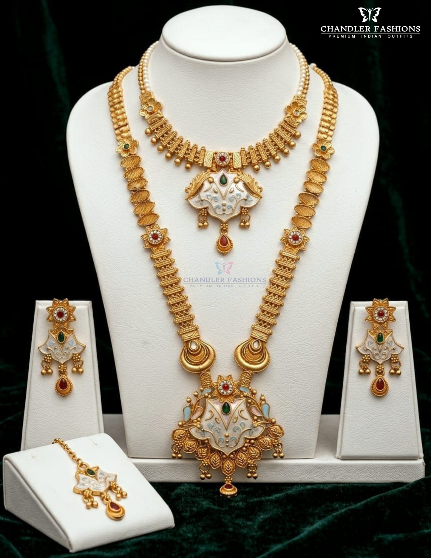 Elegant Red And Green Stone Antique Gold Necklace With Maang Tikka And Earrings Set