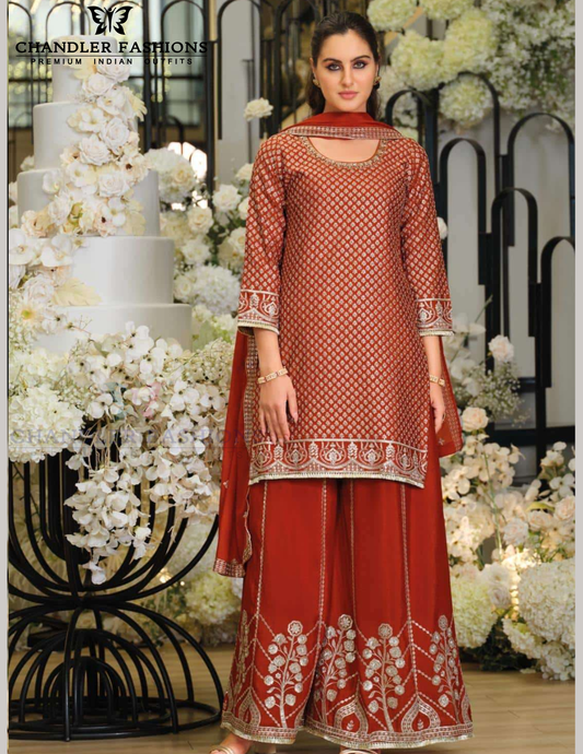 Elegant Orange Color Palazzo Suit With Embroidery Work And Ziya Work For Women