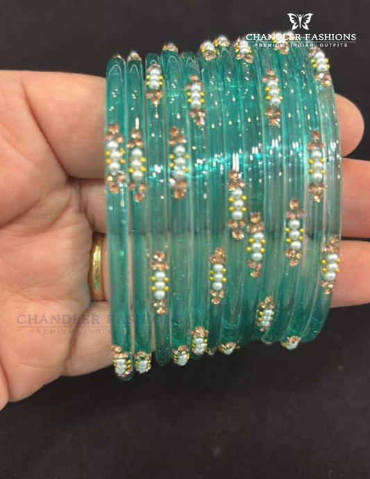 Superb Teal Blue Colored Glass Bangles For Women