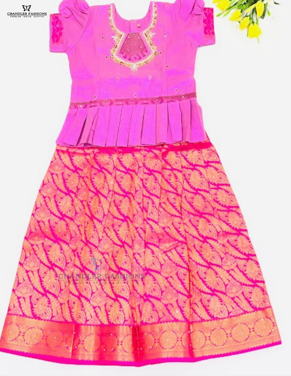 Beautiful Pink And Lavender Color Art Silk Langa Set With Stone And Zari Work For Girls
