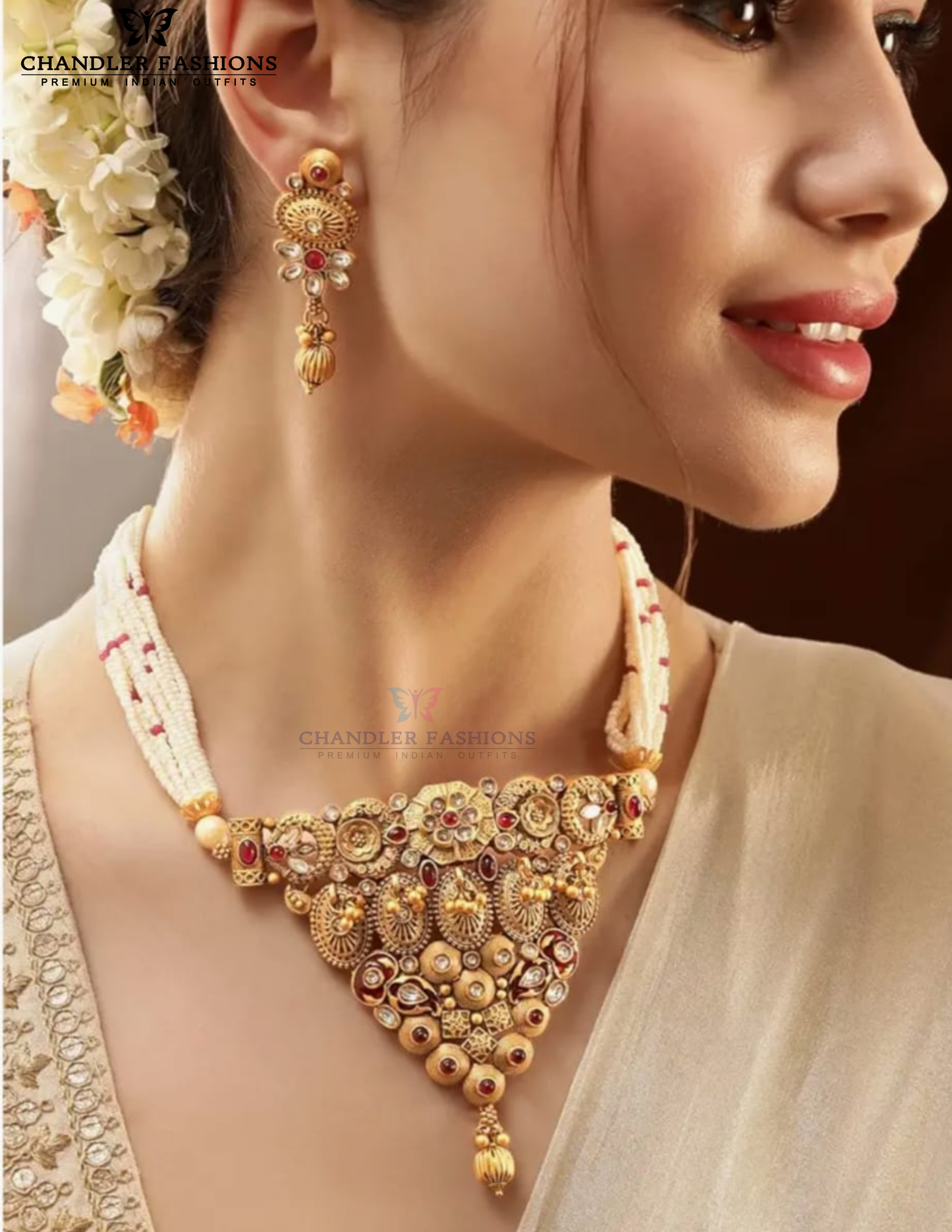 Appealing Red And White Color Stone Designer Antique Gold Necklace With Earrings Set