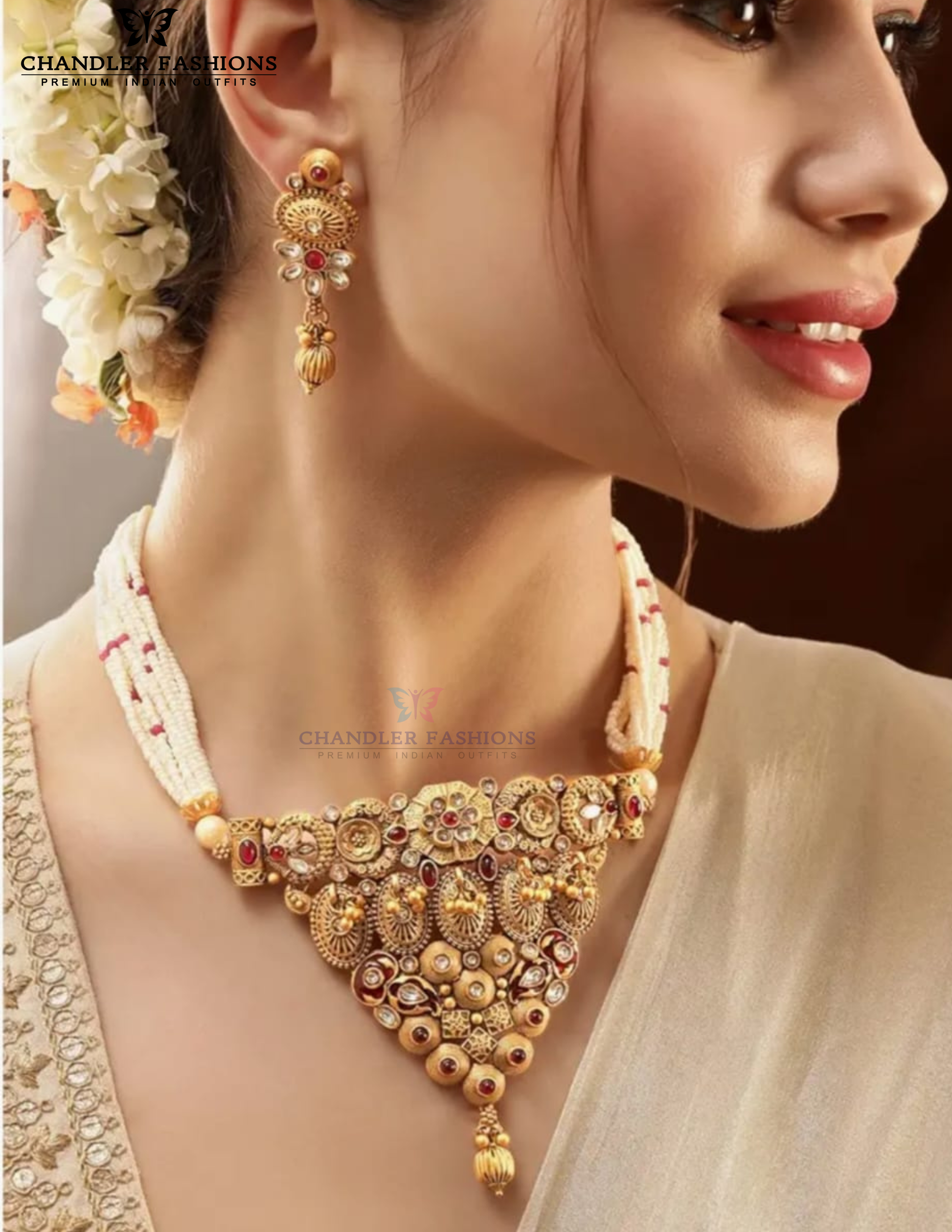 Appealing Red And White Color Stone Designer Antique Gold Necklace With Earrings Set