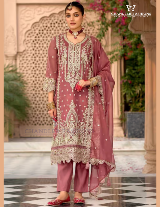 Elegant Onion Pink Color Organza With Embroidery Work Salwar Suits With Dupatta