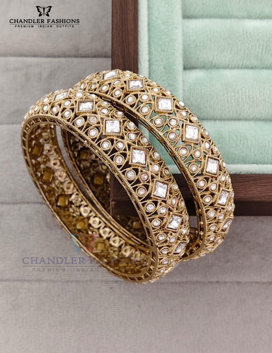Alluring White Color Stones Antique Gold Bangles For Women
