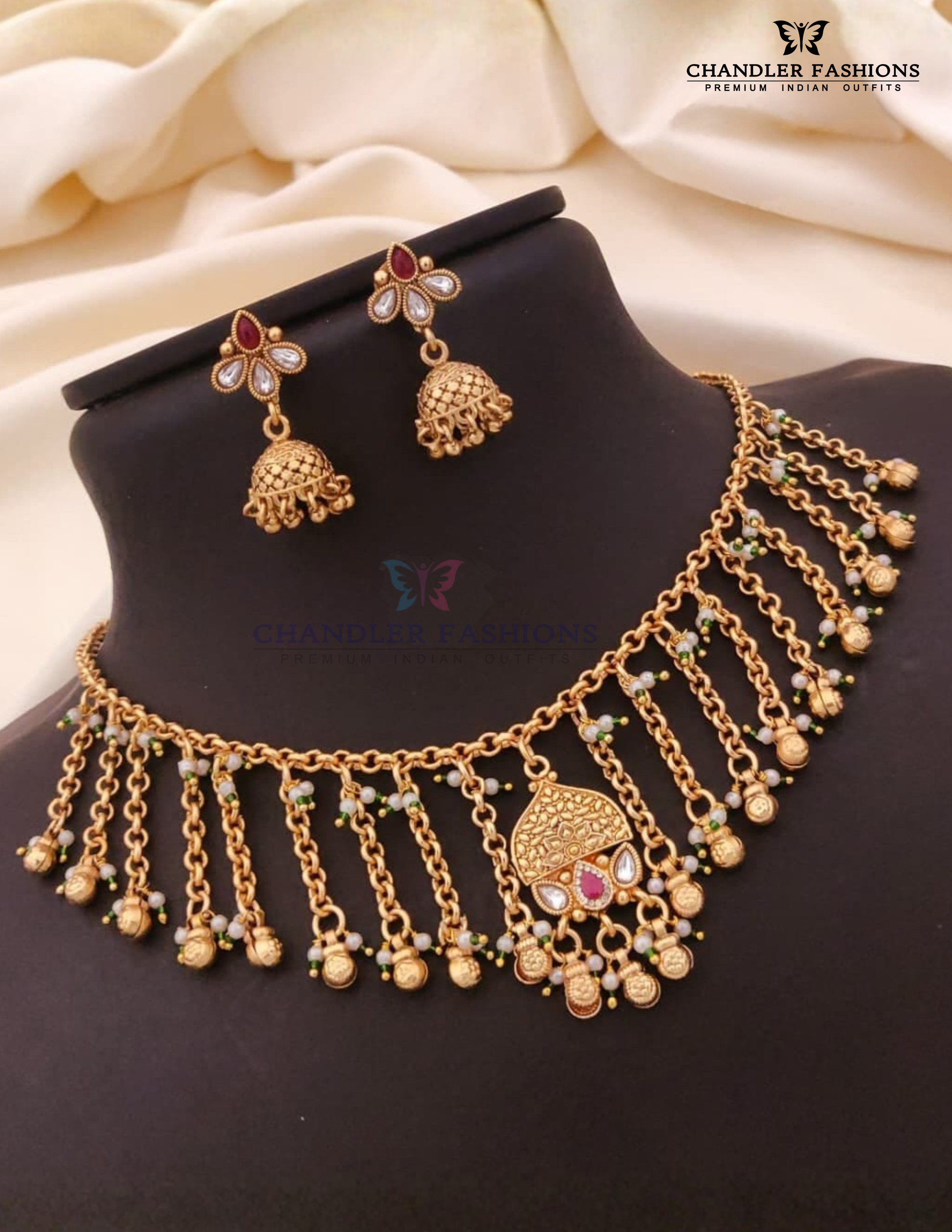 Beautiful Red And White Color Stone With Beaded Antique Gold Necklace With Earrings Set