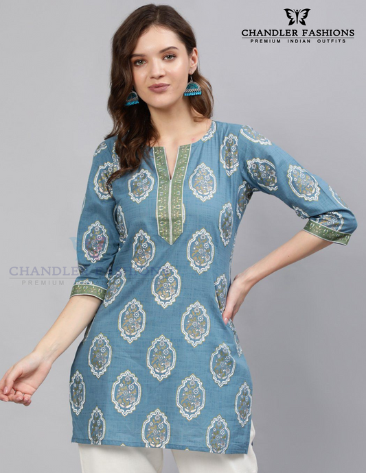 Pleasing Blue Color Cotton With Printed Work Short Kurti For Women