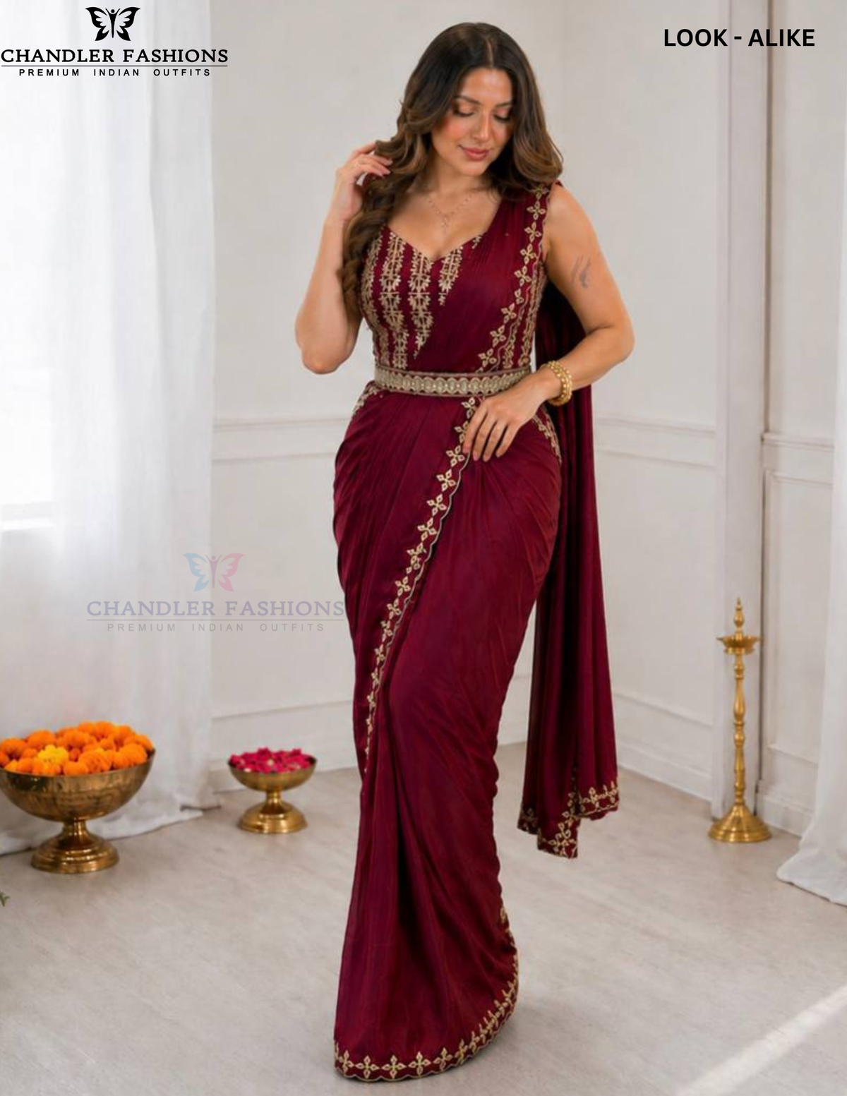 Maroon Color Ready-To-Wear Crepe Silk Drape Saree Foil Embroidery Border Matching Embellished Belt Work Near Me