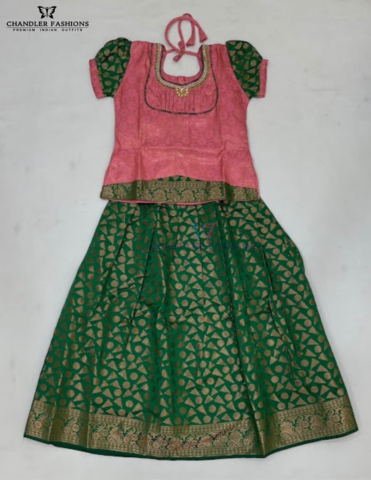 Amazing Pink and Green Color Art Silk With Stone And Zari Work Langa Sets For Girls