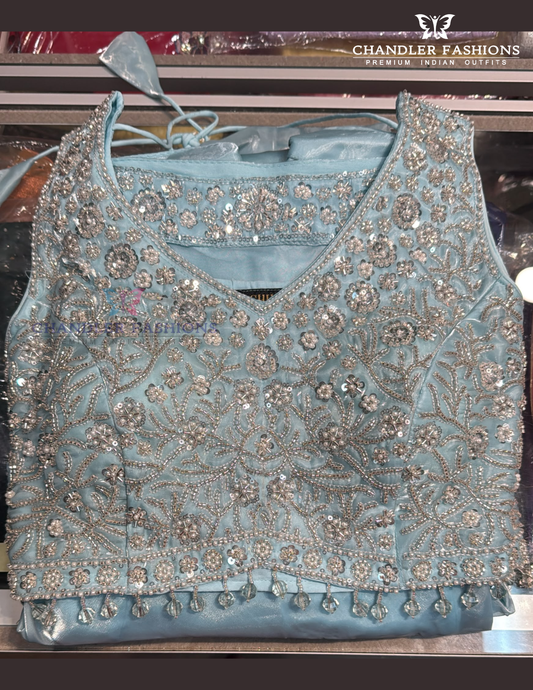 Pretty Light Blue Color Organza With Sequins And Embroidery Work Lehenga Choli For Women