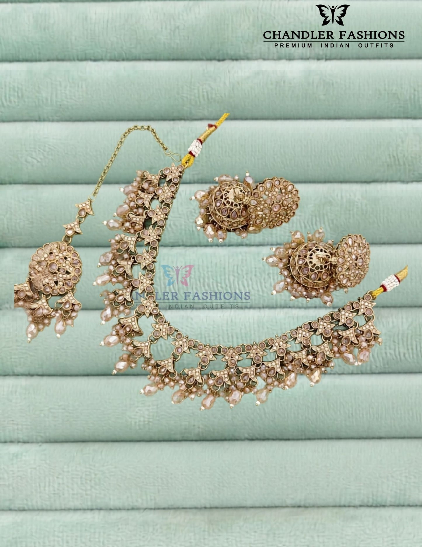 Elegant Gold Color Pearl Antique Gold Necklace Set with Earrings And Maang Tikka