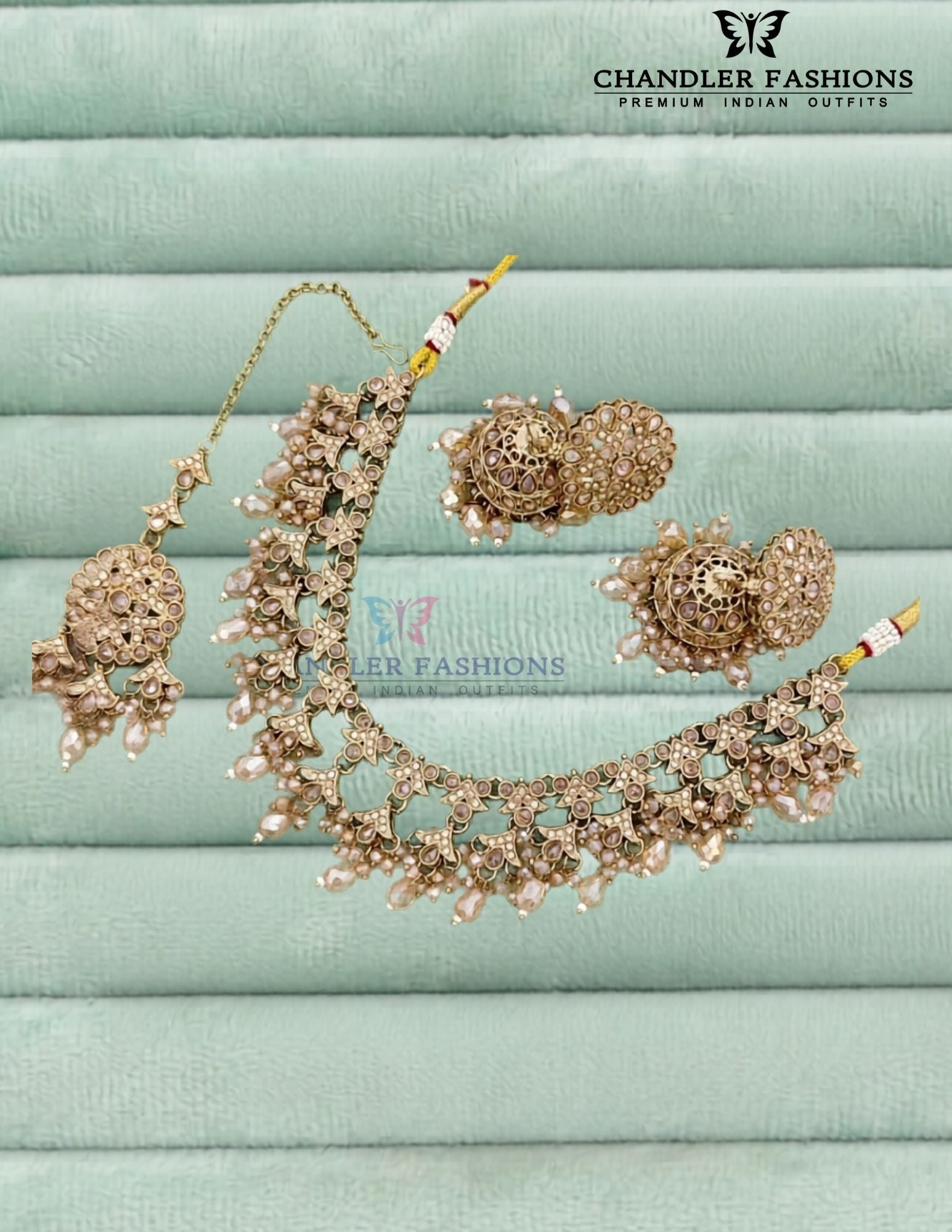 Elegant Gold Color Pearl Antique Gold Necklace Set with Earrings And Maang Tikka