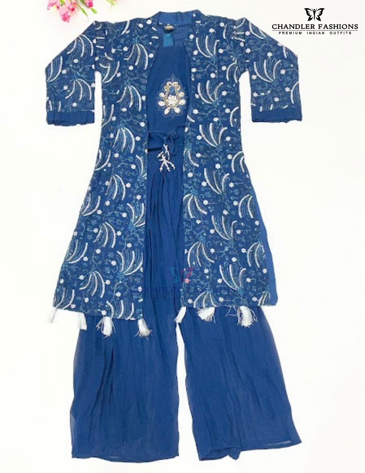 Stunning Teal Blue Color Georgette Palazzo Suits With Embroidery And Sequins Work For Kids Girls