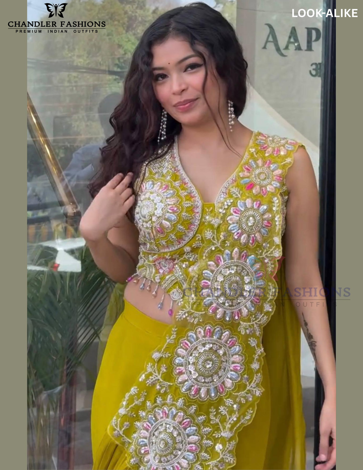Lime Green Color Georgette With Embroidery And Sequins Work Ready To Wear Saree Near Me