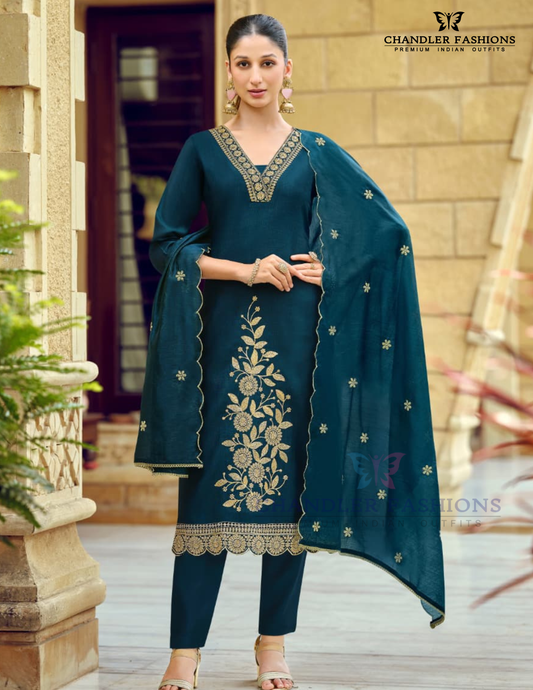 Charming Teal Blue Color Rayon With Hand Embroidery Work Salwar Suits With Dupatta