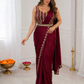 Beautiful Maroon Color Ready-To-Wear Crepe Silk Drape Saree Foil Embroidery Border Matching Embellished Belt Work For Women