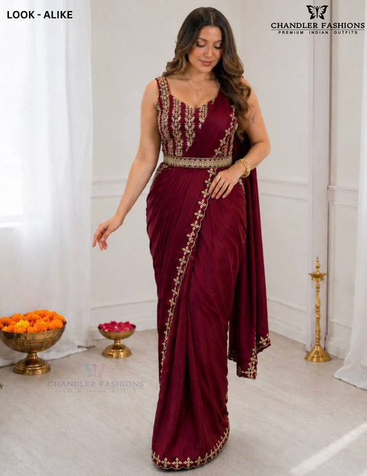 Beautiful Maroon Color Ready-To-Wear Crepe Silk Drape Saree Foil Embroidery Border Matching Embellished Belt Work For Women