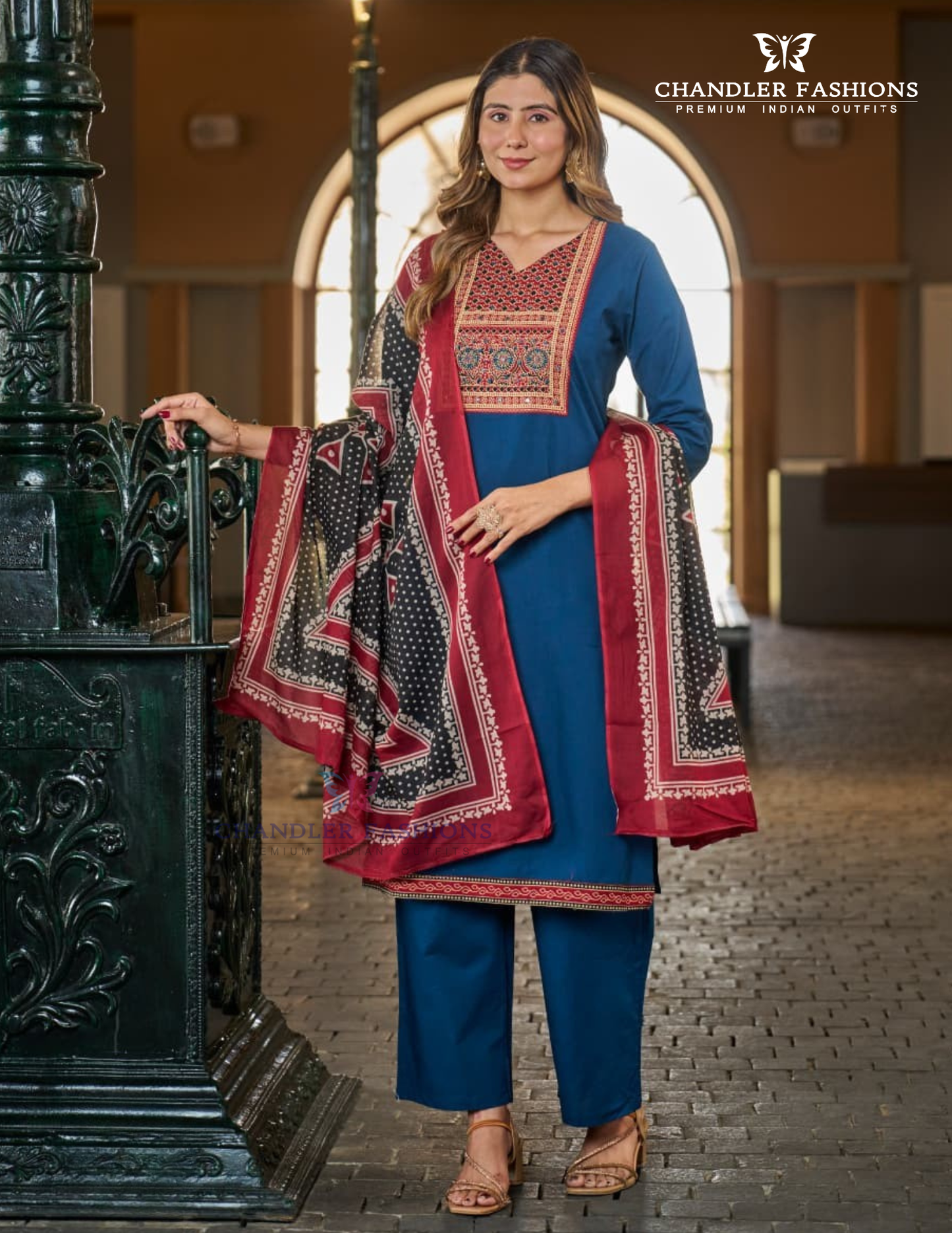 Appealing Blue Color Cotton With Printed Work Salwar Suits With Dupatta