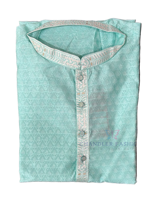 Beautiful Sea Blue Color Embroidery Work Kurta Suits For Men