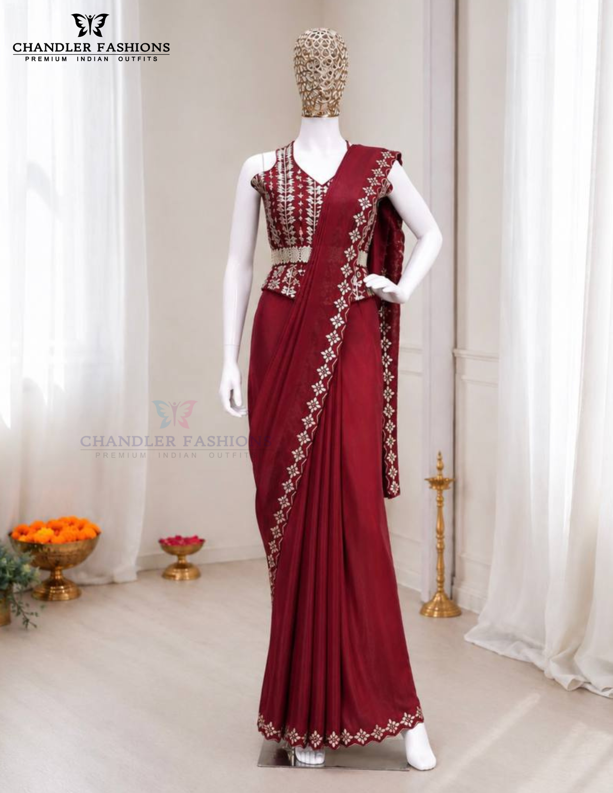 Maroon Color Drape Saree Foil Embroidery Border Matching Embellished Belt Work In Sedona