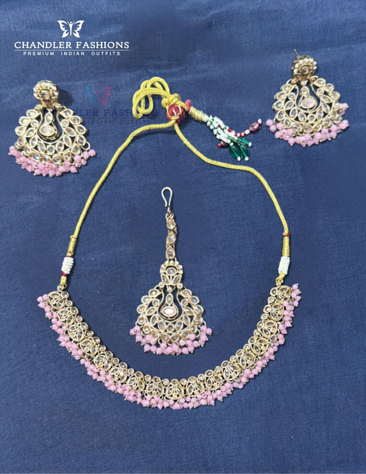 Stunning Light Pink Color Gold Plated Necklace Set with Earrings And Maang Tikka