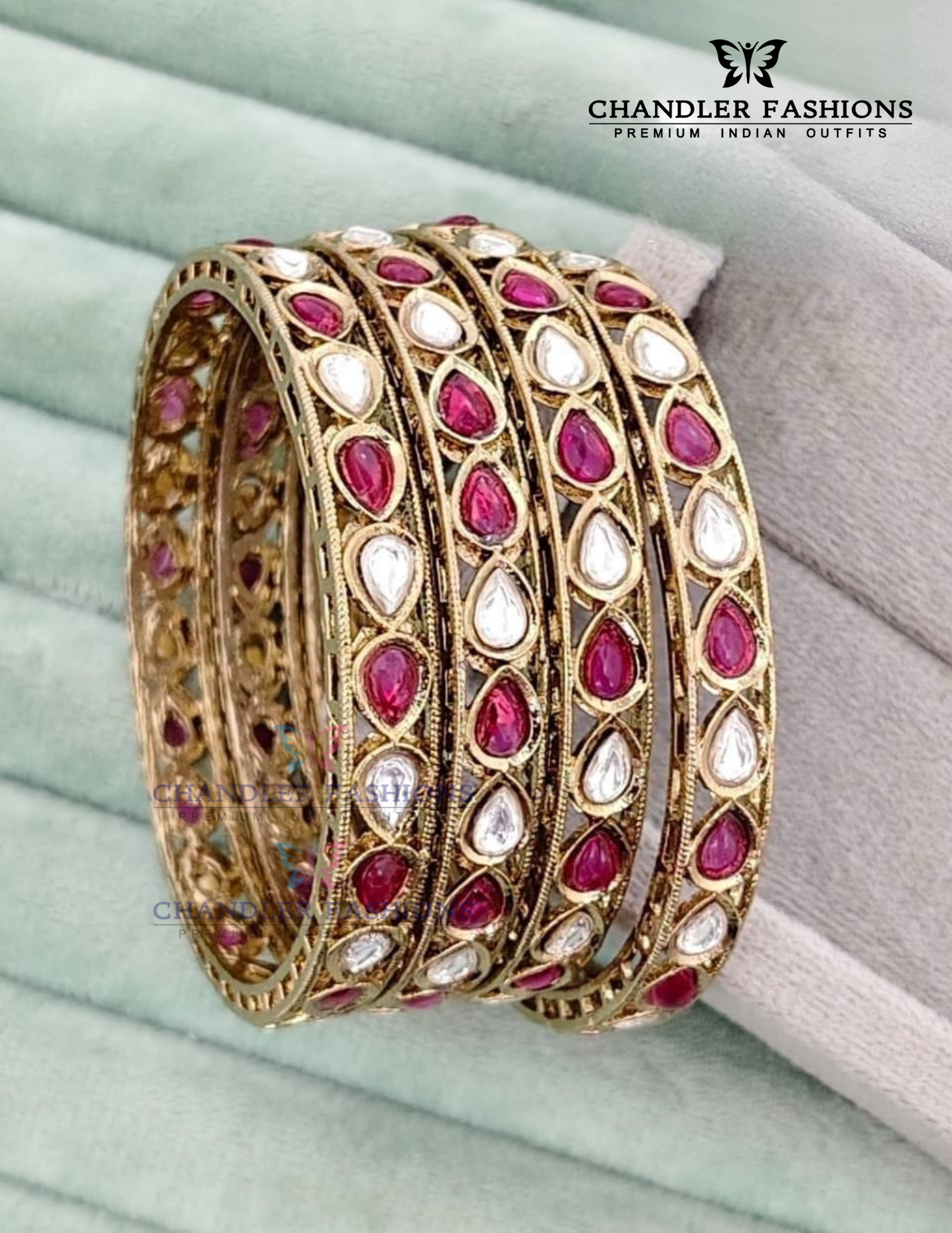 Elegant Pink And White Color Stones Gold Plated Bangles For Women