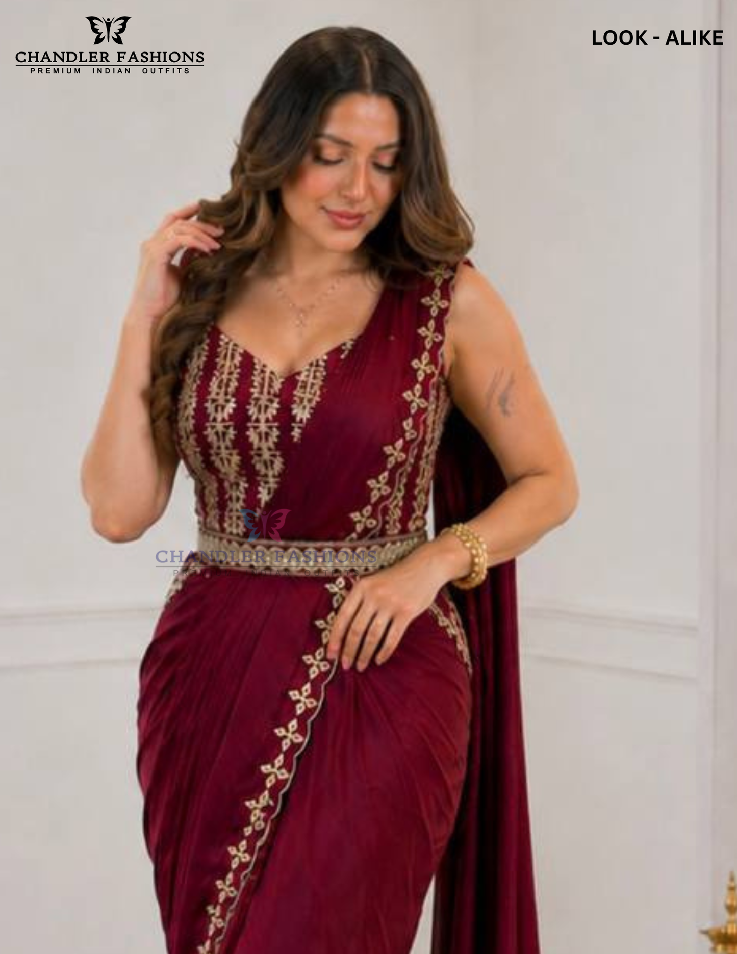 Maroon Color Ready-To-Wear Drape Saree Foil Embroidery Border Matching Embellished Belt Work In USA