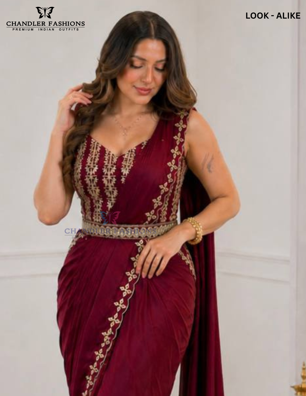Maroon Color Ready-To-Wear Drape Saree Foil Embroidery Border Matching Embellished Belt Work In USA