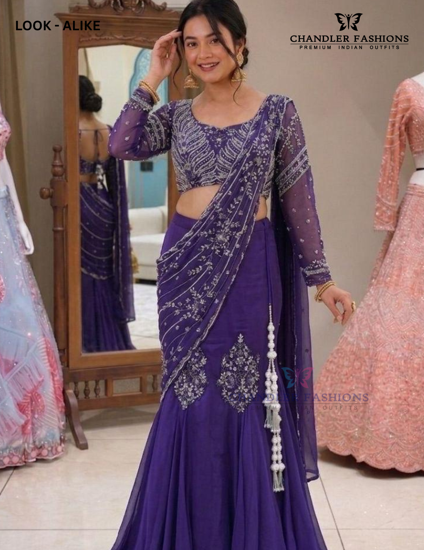 Exquisite Purple Color Chinon Ready To Wear Saree With Embroidery Work For Women