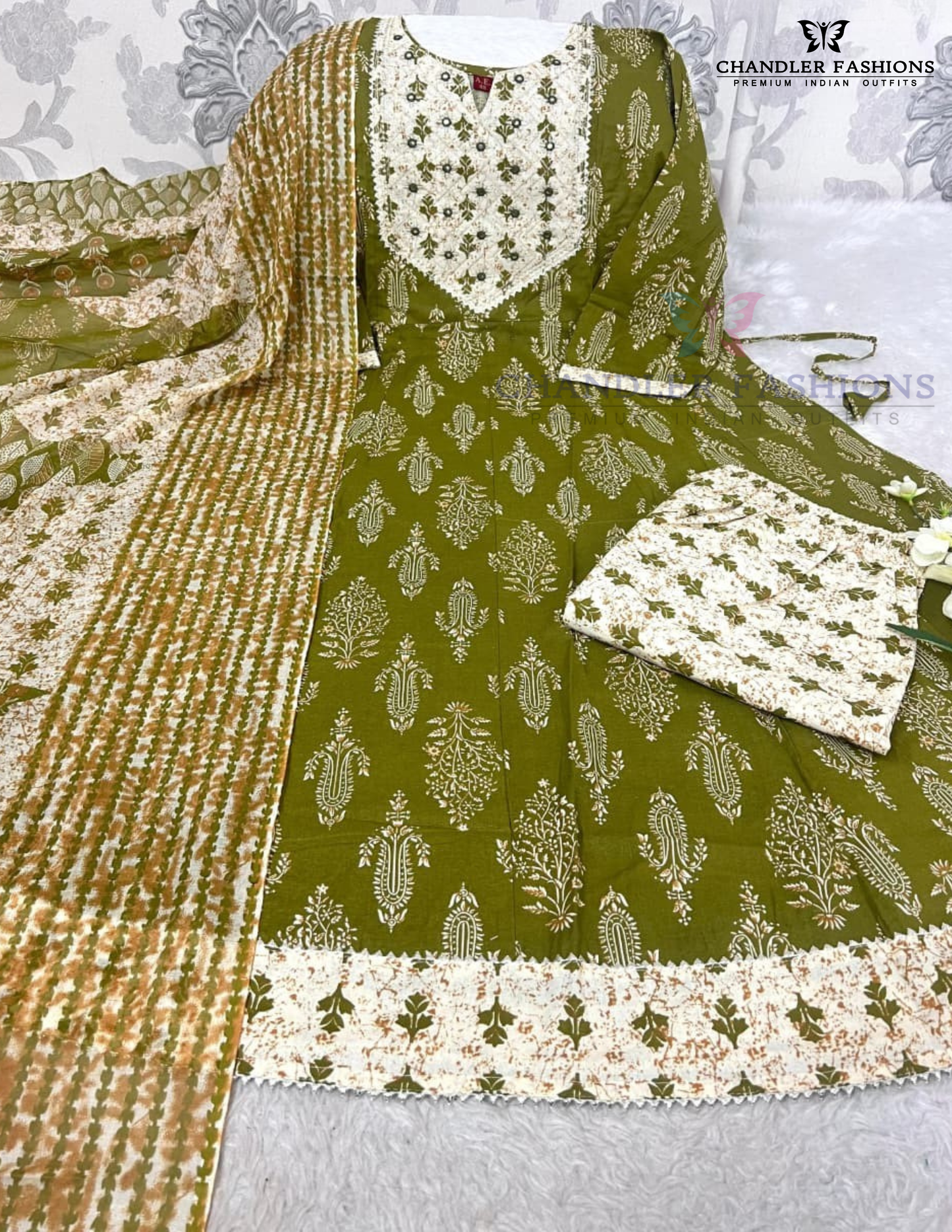 Awesome Olive Green Color Cotton With Printed Work Anarkali Gown With Pant And Dupatta