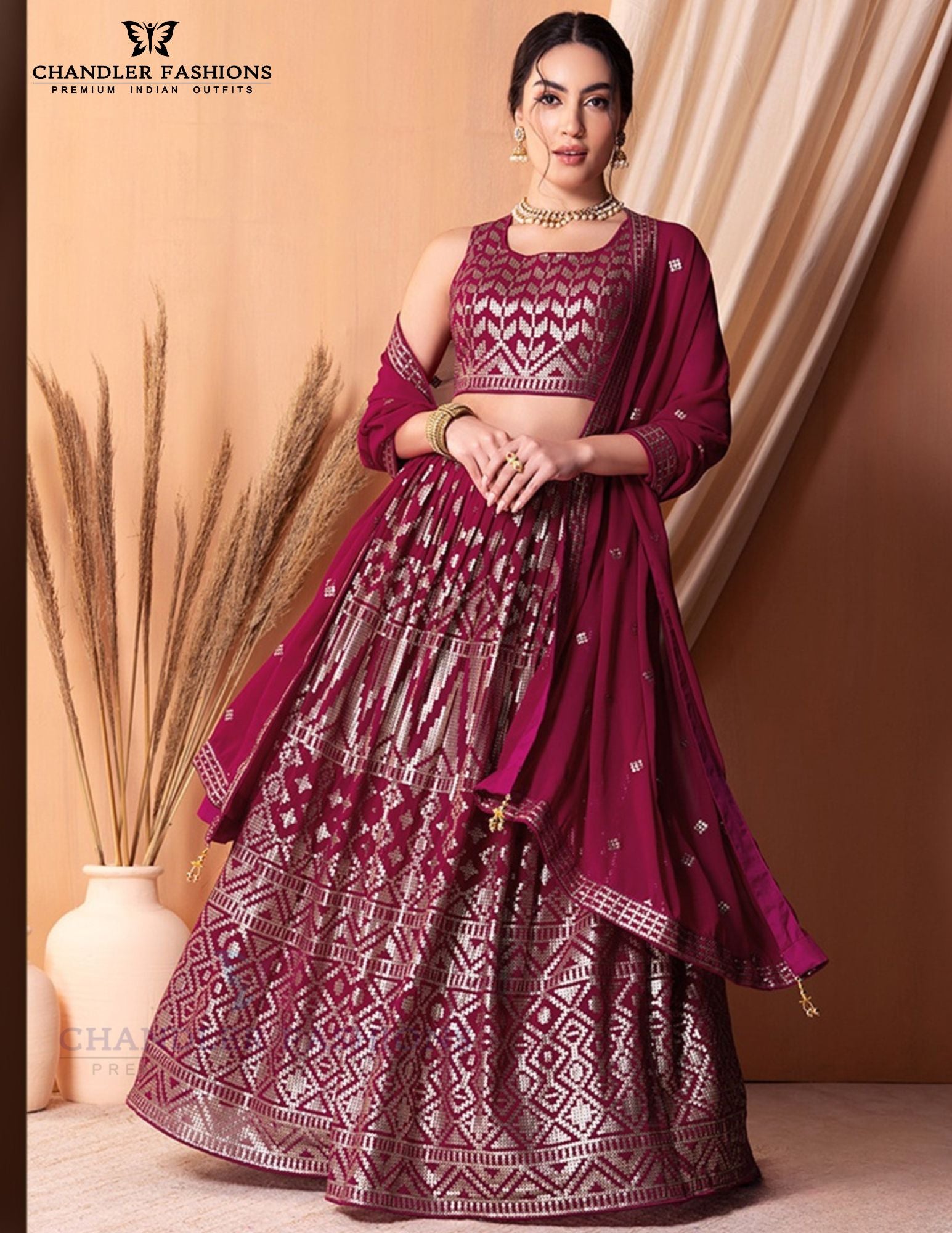 Fabulous Dark Pink Color Georgette With Embroidery And Sequins Work Lehenga Choli With Dupatta For Women