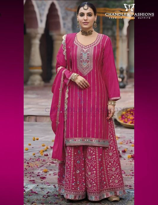 Attractive Pink Color Chinon With Embroidery Work Palazzo Suits For Women